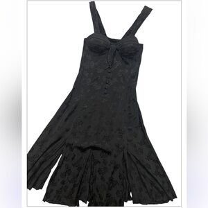 Vtg 90s Whimsigoth Black Sz Small Jacquard Midi Dress Bustier Button Front Slits